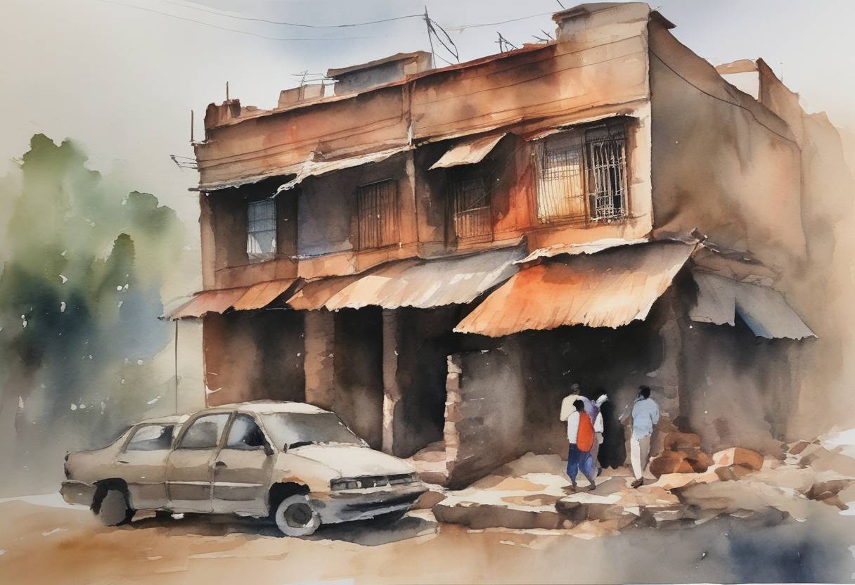 Watercolor painting based depiction of In an effort to reduce air pollution, the government of New Delhi, India, announced a temporary halt to construction projects and demolished illegally built structures to comply with environmental regulations. (2021)