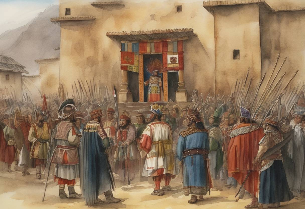 Watercolor painting based depiction of Atahualpa, the last Inca Emperor, was executed by Spanish conquistadors led by Francisco Pizarro. This marked a significant turning point in the Spanish conquest of the Inca Empire. (1533)