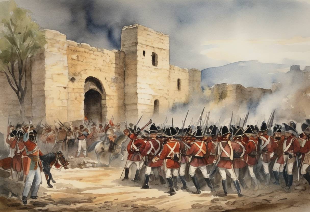 Watercolor painting based depiction of The Battle of the Alamo began, as Mexican troops under General Santa Anna began a siege of the Texan defenders of the Alamo Mission. (1836)