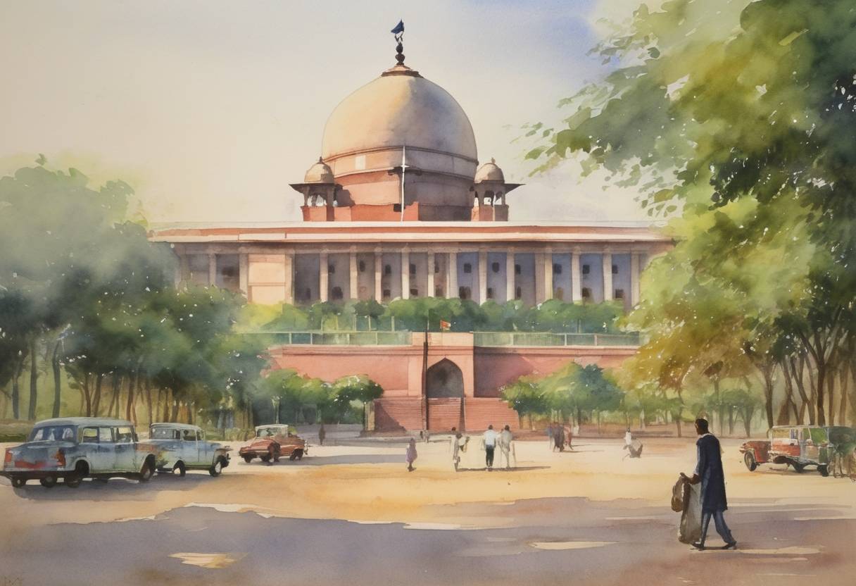 Watercolor painting based depiction of The 15th amendment of the Constitution was passed in India, addressing issues related to taxation and pensions, and extending the jurisdiction of the Supreme Court. (1975)