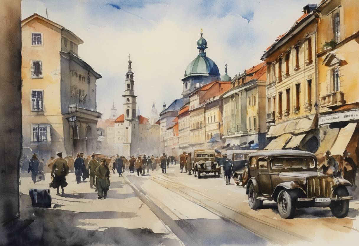 Watercolor painting based depiction of During World War II, the Axis powers established the Independent State of Croatia from parts of Yugoslavia. (1941)