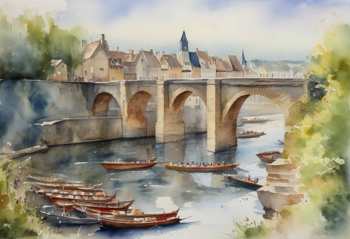 Watercolor painting based depiction of A major ceremonial celebration marks the construction of the Pont de Pierre, a bridge in Taden, which symbolizes the passage and communication possibilities of the local medieval settlements. (1309)