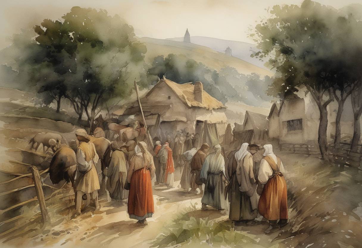 Watercolor painting based depiction of The Great Famine of 1315–1317 began as Europe experienced prolonged cold and rainy weather leading to crop failures. (1315)