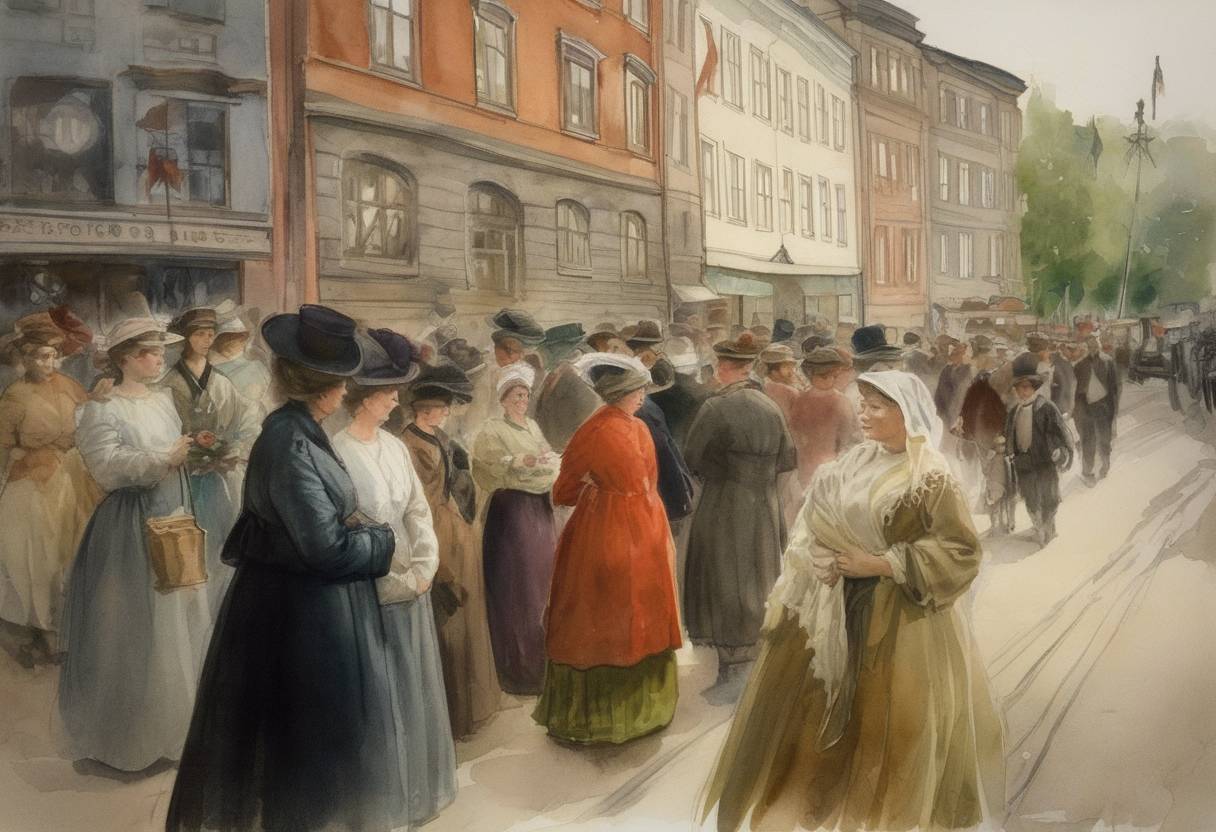 Watercolor painting based depiction of Norway's government of Christian Michelsen gave Norway's women the right to vote in municipal elections. (1905)