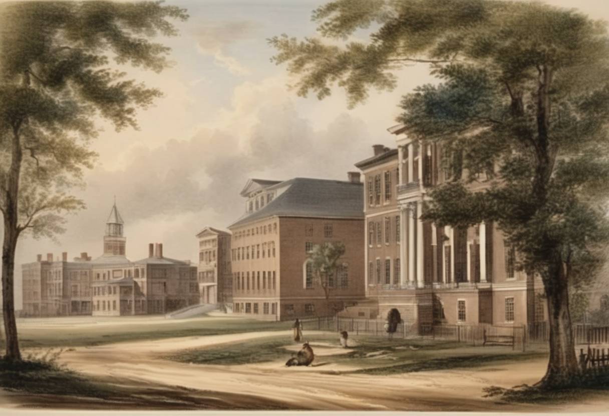 Watercolor painting based depiction of University of Maryland, the first dental school in the world, was incorporated. (1827)