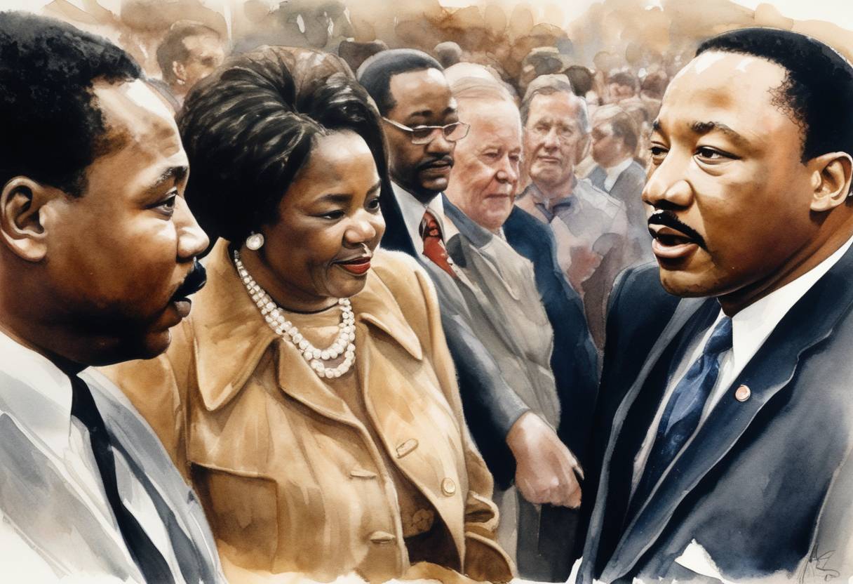 Watercolor painting based depiction of Martin Luther King Jr. was posthumously awarded the Presidential Medal of Freedom by President Jimmy Carter. This award honored the civil rights leader's dedication to fighting racial inequality through nonviolent means. (1977)