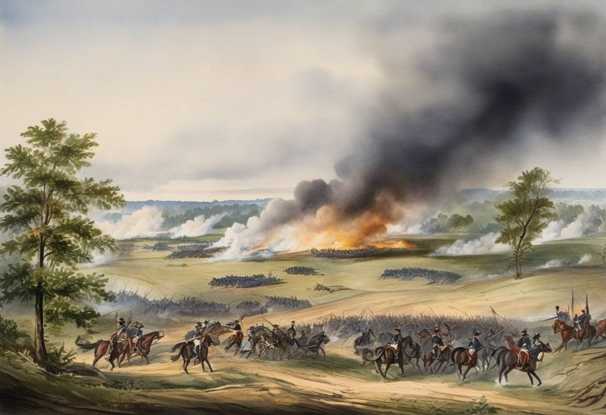Watercolor painting based depiction of During the Battle of Williamsburg, part of the Peninsula Campaign in the American Civil War, Confederate forces attacked Union positions in Virginia. (1862)