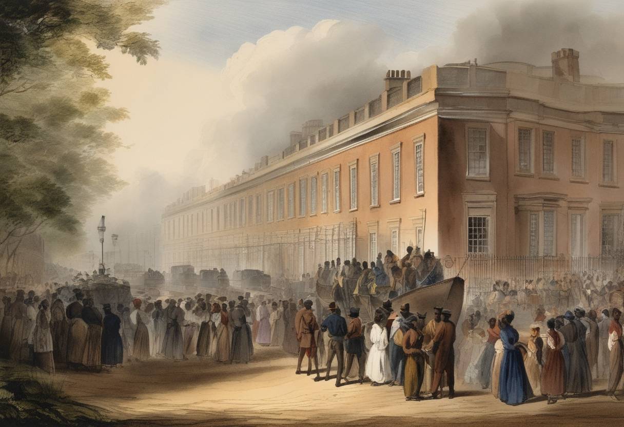 Watercolor painting based depiction of Slavery in the British Empire was officially abolished with the Slavery Abolition Act 1833 coming into effect. While the Act ended slavery in most British territories, it provided for an apprenticeship system for former slaves, which required them to continue working for their former masters for a period before gaining full freedom. (1834)