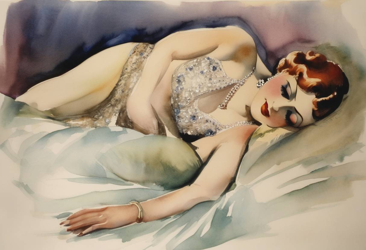 Watercolor painting based depiction of Mae West's play 'Sex' opened, and she was later arrested and convicted on obscenity charges, which brought her national attention and significantly influenced her career. (1927)