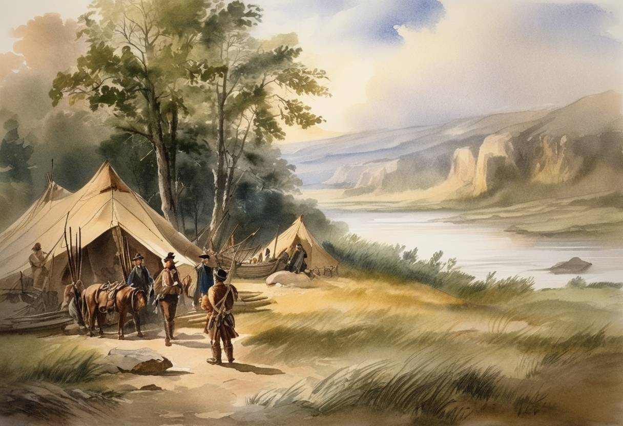 Watercolor painting based depiction of Lewis & Clark Expedition: The Lewis and Clark expedition (Corps of Discovery) began the journey west of the Mississippi River, setting out from Fort Mandan after spending the winter there. (1805)