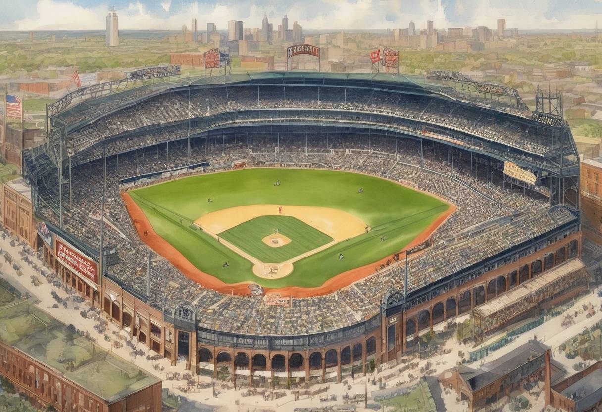 Watercolor painting based depiction of The first Major League Baseball All-Star Game was played at Comiskey Park in Chicago, Illinois. (1933)
