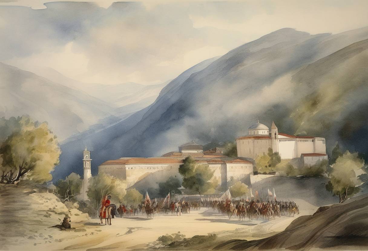 Watercolor painting based depiction of Greek War of Independence: The war of Greek independence against Ottoman rule officially began with the raising of the banner of the cross in the Monastery of Agia Lavra. (1821)