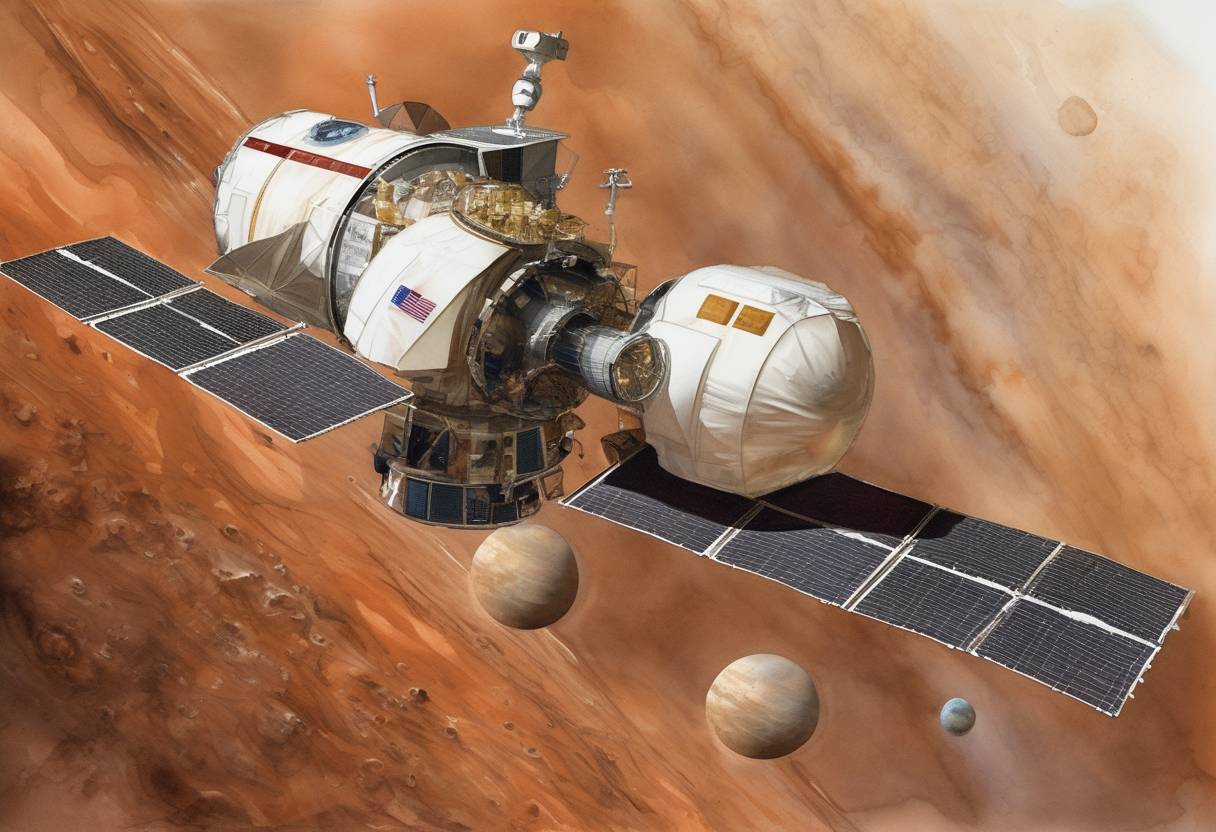 Watercolor painting based depiction of NASA's Mars Reconnaissance Orbiter successfully entered orbit around Mars, beginning its mission to study the planet's atmosphere and terrain from orbit. (2006)