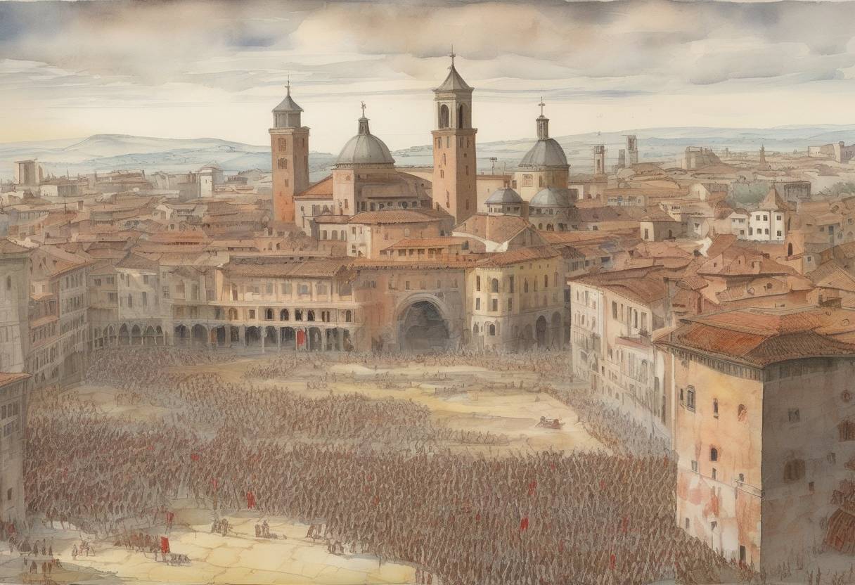 Watercolor painting based depiction of More than 2,000 people of Cesena, Italy, were slaughtered by Papal Troops under the command of Cardinal Robert of Geneva, who later became Antipope Clement VII. (1377)