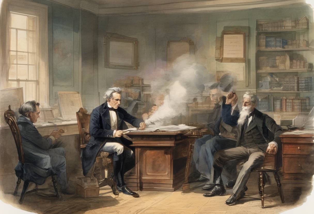 Watercolor painting based depiction of Samuel Morse sends the first telegraph message from Washington, D.C., to Baltimore, Maryland, reading 'What hath God wrought.' (1844)