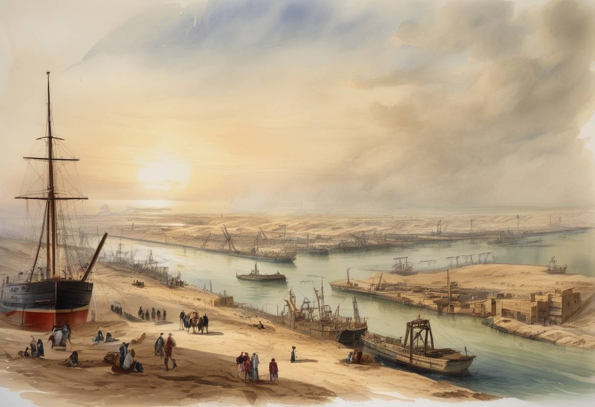 Watercolor painting based depiction of Construction of the Suez Canal began, a project that would connect the Mediterranean Sea to the Red Sea, significantly impacting global trade routes. (1859)