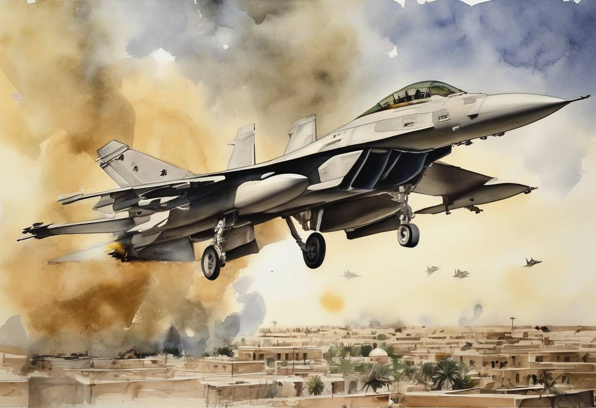 Watercolor painting based depiction of The United States and the United Kingdom launched Operation Southern Focus, a series of airstrikes in Iraq aimed at degrading Iraqi air defenses in the southern no-fly zone. (2001)