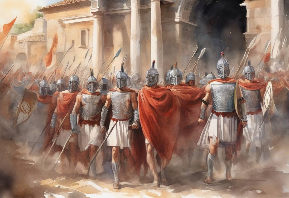 Watercolor painting based depiction of Nepotianus, a member of the Constantinian dynasty, proclaims himself Roman Emperor, entering Rome with a group of gladiators. (350)