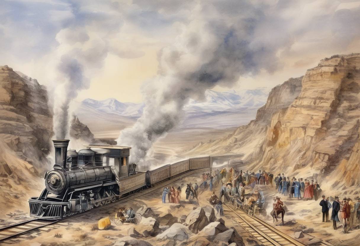 Watercolor painting based depiction of The First Transcontinental Railroad is completed in the United States with the ceremonial driving of the golden spike at Promontory Summit, Utah. (1869)
