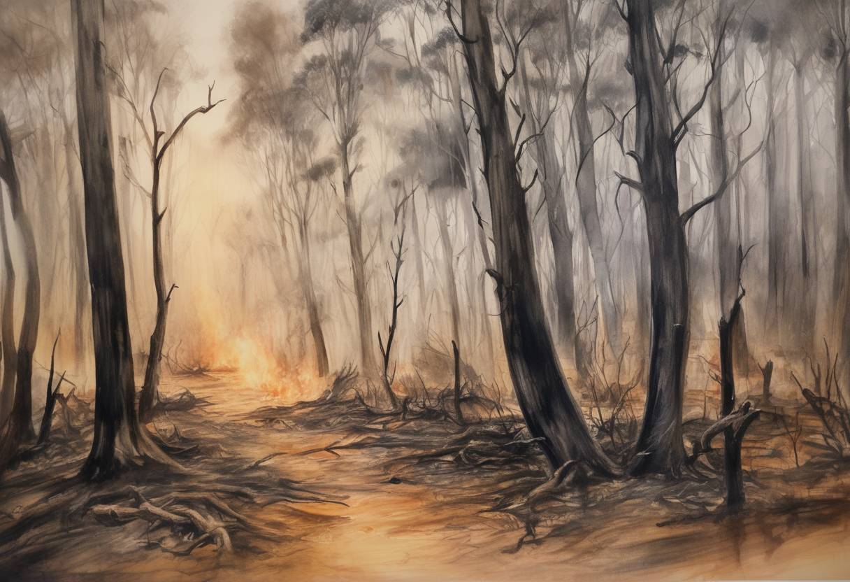 Watercolor painting based depiction of The Black Saturday bushfires, the deadliest bushfire disaster in Australian history, occurred in the state of Victoria, resulting in 173 fatalities and widespread destruction. (2009)