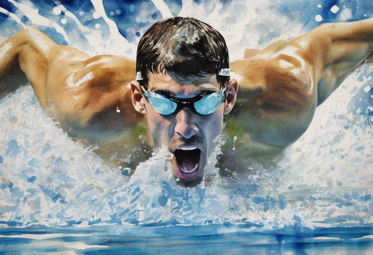Watercolor painting based depiction of Michael Phelps wins his eighth gold medal at the Beijing Olympics, breaking the record for the most gold medals won by an individual in a single Olympic Games. (2008)