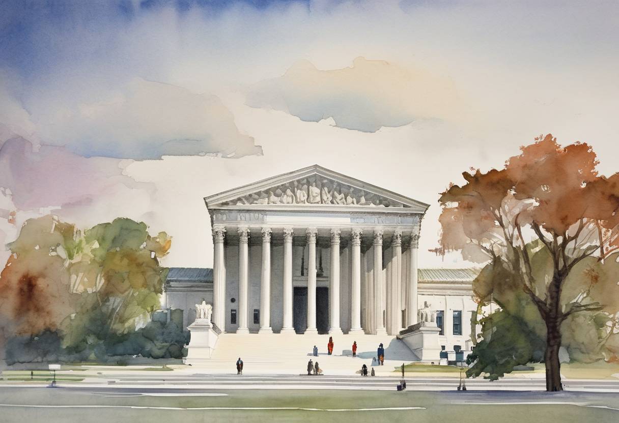 Watercolor painting based depiction of The U.S. Supreme Court delivers its decision in Roe v. Wade, legalizing abortion nationwide. (1973)