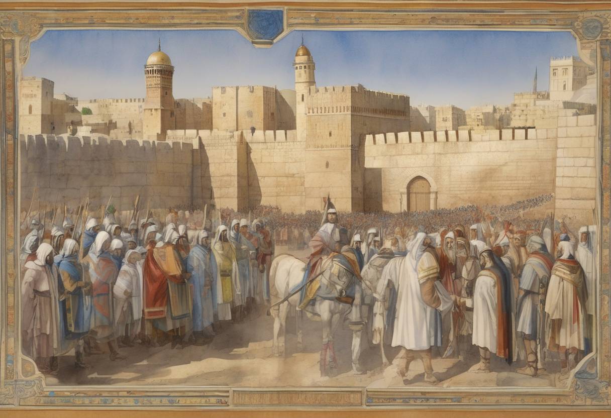 Watercolor painting based depiction of The Sixth Crusade: Frederick II, Holy Roman Emperor, signs a ten-year truce with Al-Kamil, the Ayyubid Sultan of Egypt, allowing Christians to regain control of Jerusalem, Nazareth, and Bethlehem without military conflict. (1229)