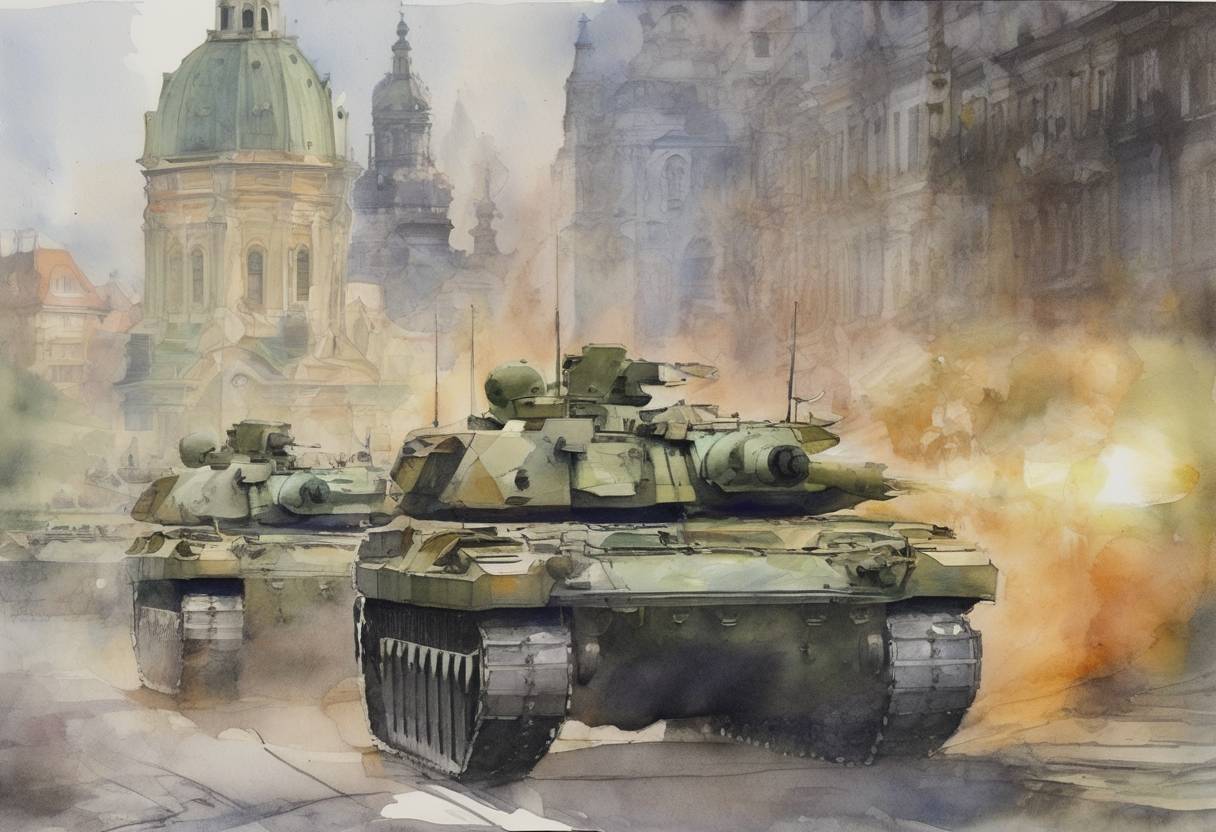 Watercolor painting based depiction of The United States and Russia signed the New START treaty in Prague, aiming to reduce the number of deployed strategic nuclear warheads. (2010)