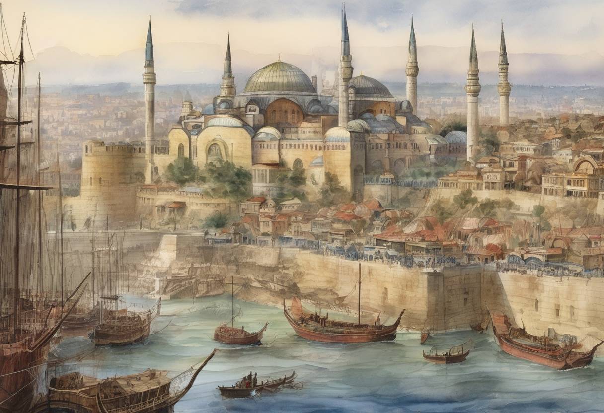 Watercolor painting based depiction of The city of Constantinople was recaptured by the forces of the Empire of Nicaea under the command of Michael VIII Palaiologos, marking the end of the Latin Empire and the restoration of the Byzantine Empire. (1261)