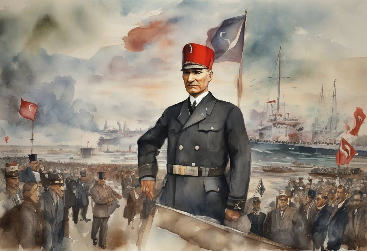 Watercolor painting based depiction of Mustafa Kemal Atatürk landed at Samsun, marking the start of the Turkish War of Independence. (1919)