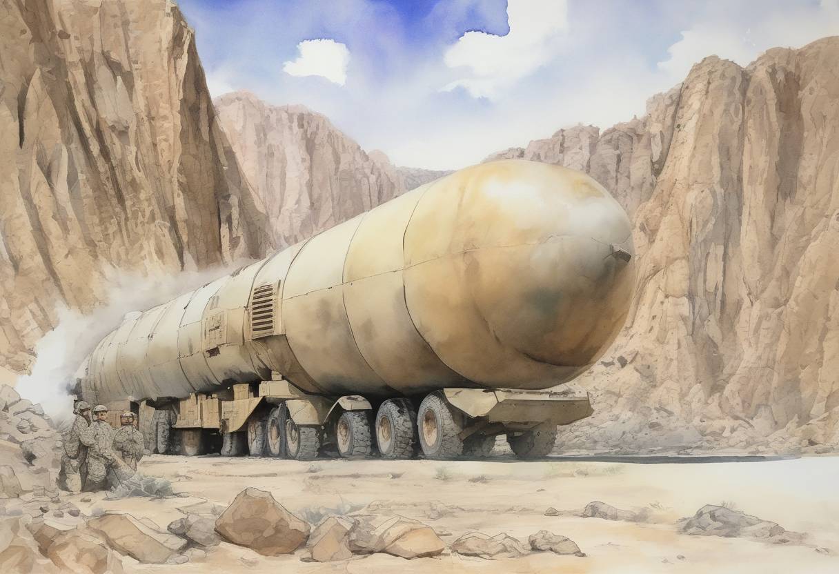 Watercolor painting based depiction of The United States military dropped the GBU-43/B Massive Ordnance Air Blast (MOAB), also known as the 'Mother of All Bombs,' on an ISIS-Khorasan cave complex in Afghanistan's Nangarhar Province. This marked the first time the bomb was used in combat. (2017)