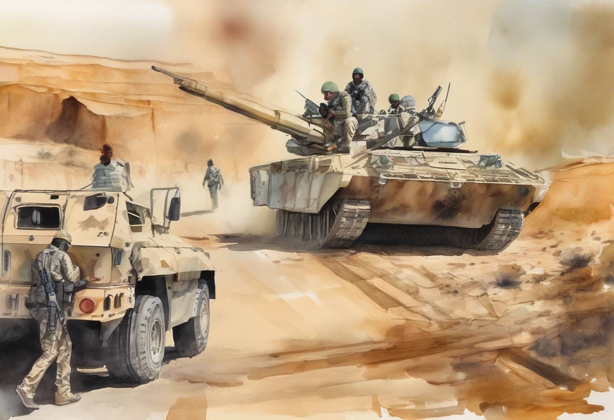 Watercolor painting based depiction of Algerian forces launch a raid to end the In Amenas hostage crisis, where Islamist militants had taken hostages at a gas facility, resulting in numerous casualties. (2013)