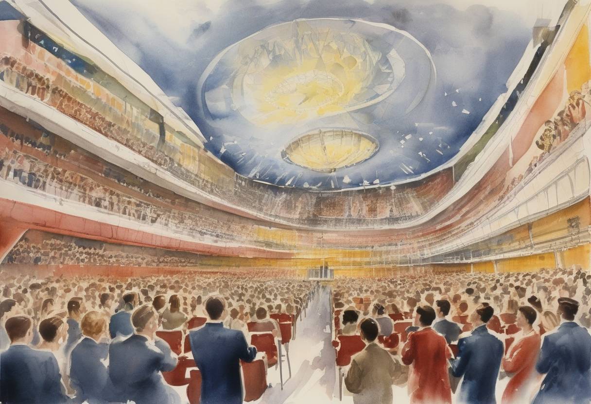 Watercolor painting based depiction of The first Melodifestivalen, the Swedish music competition that selects Sweden's entry for the Eurovision Song Contest, was held. (1959)