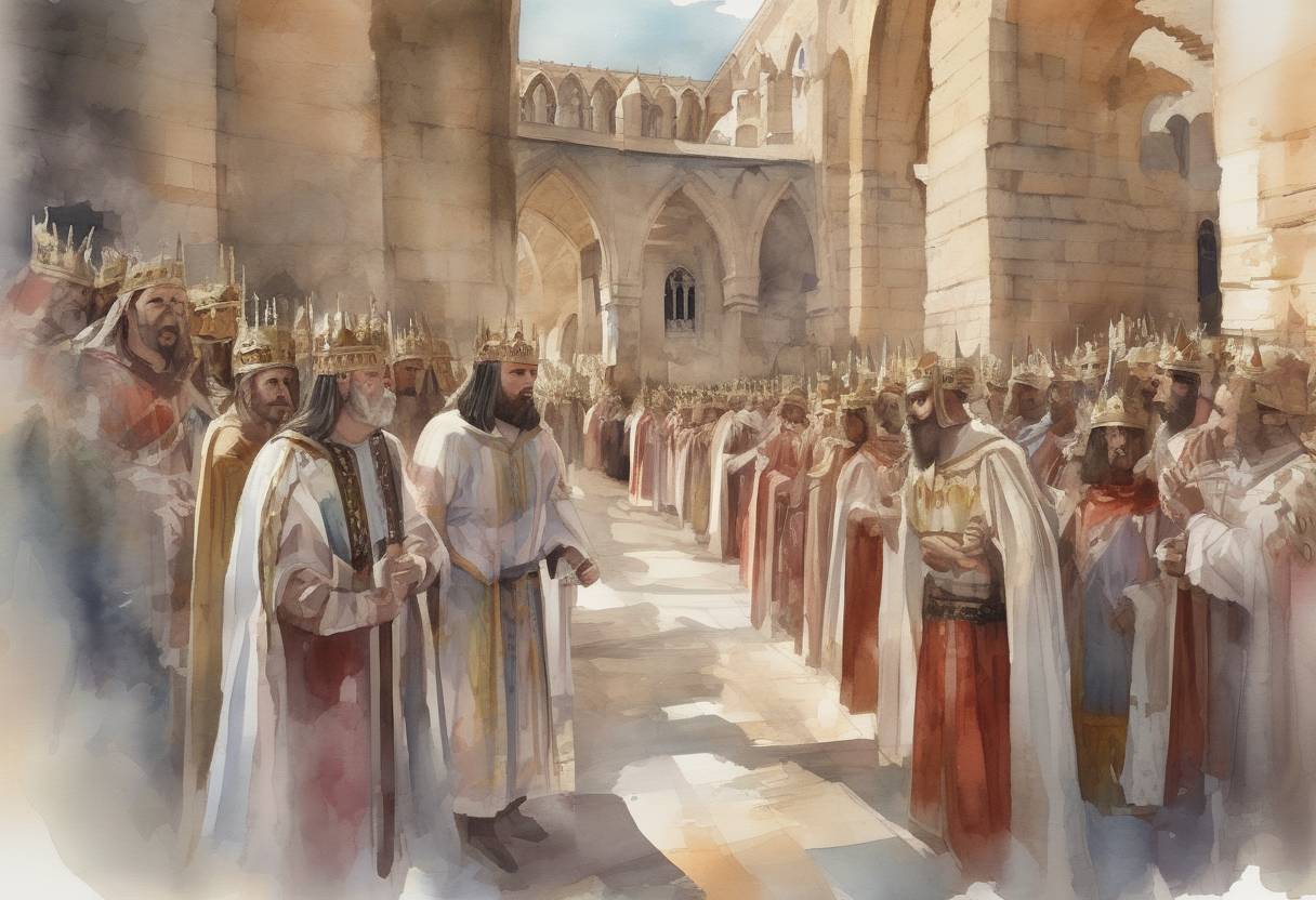 Watercolor painting based depiction of The Third Council of Toledo begins, marking a significant religious and political turning point in Visigothic Spain as King Reccared I converts from Arianism to Catholicism. (589)