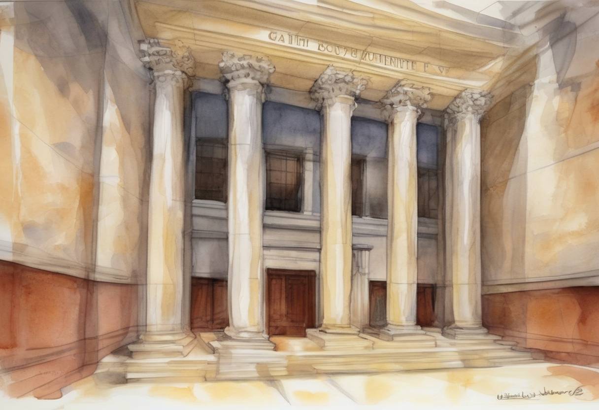 Watercolor painting based depiction of The United States Supreme Court ruled in the case of Boumediene v. Bush that detainees at Guantanamo Bay have the right to challenge their detention in U.S. courts, a landmark decision on the rights of detainees. (2008)