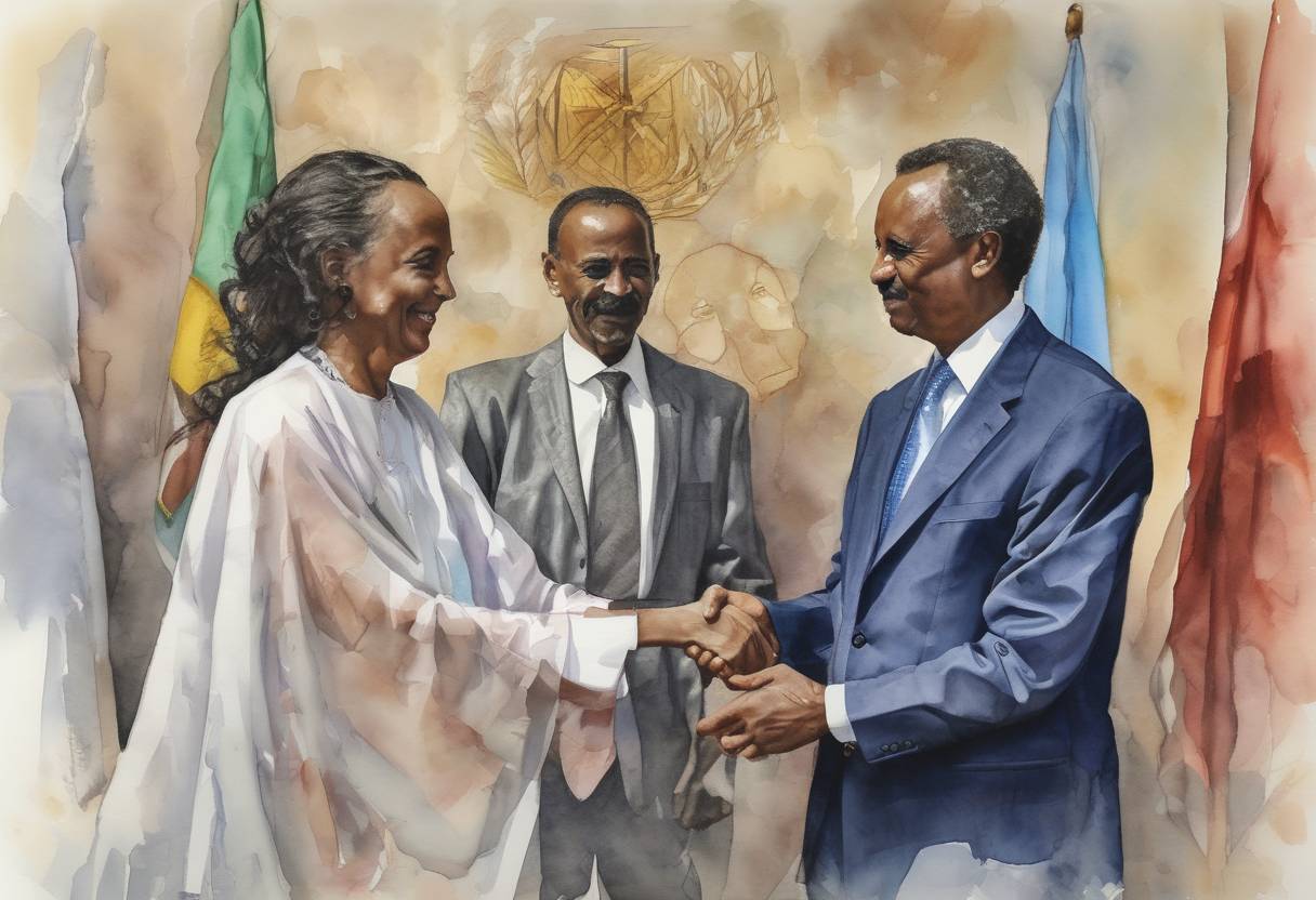 Watercolor painting based depiction of Ethiopia and Eritrea signed a historic peace agreement, formally ending a state of war between the two countries that had lasted since 1998. The agreement was signed in Asmara, Eritrea. (2018)