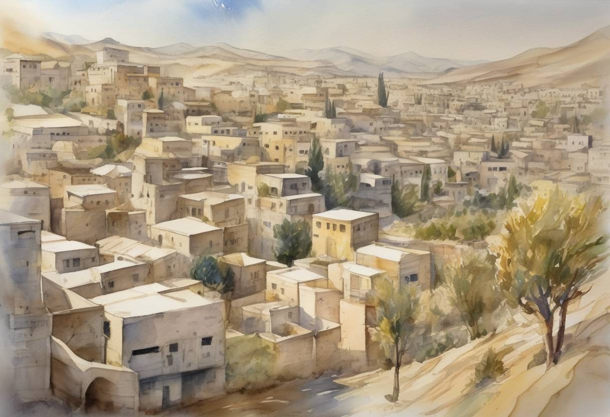 Watercolor painting based depiction of Israel officially handed over control of Jericho to the Palestinian Authority as part of the peace process. (2005)