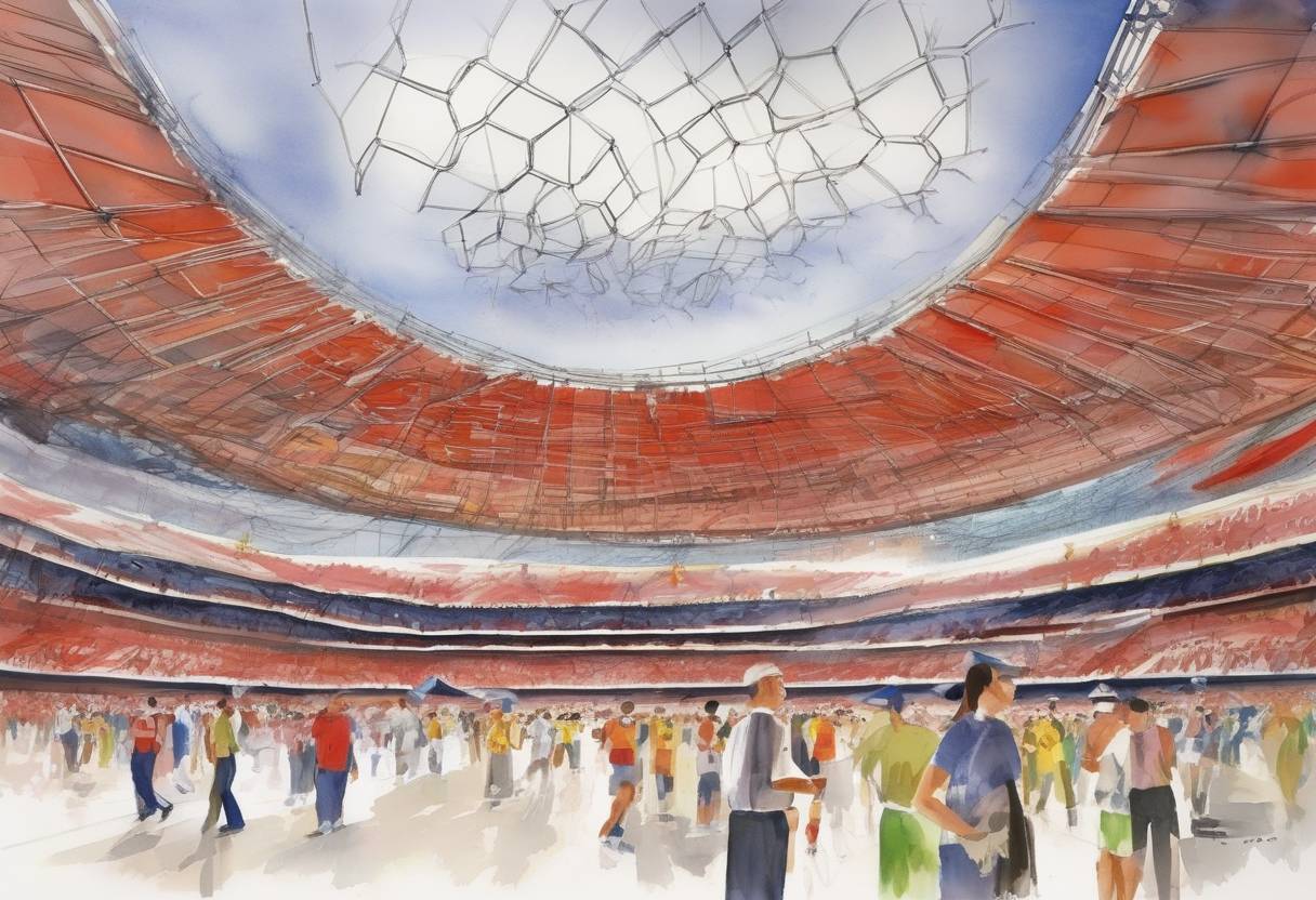 Watercolor painting based depiction of The 2008 Summer Olympics officially opened in Beijing, China, with a spectacular opening ceremony at the Beijing National Stadium, also known as the Bird's Nest. (2008)