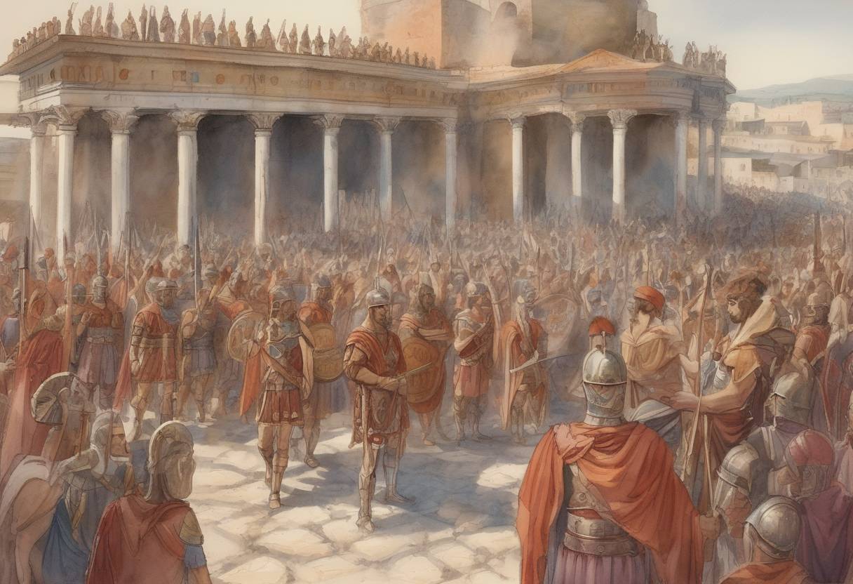 Watercolor painting based depiction of The Roman Emperor Julian, known as Julian the Apostate, enters Antioch as part of his campaign against the Sassanid Empire. Julian's reign was marked by his efforts to restore paganism and reduce the influence of Christianity in the Roman Empire. (362)