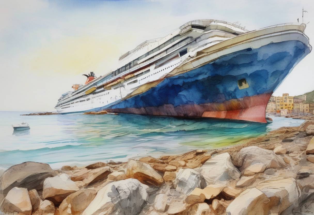 Watercolor painting based depiction of The cruise ship Costa Concordia ran aground off the coast of Isola del Giglio, Italy, resulting in the deaths of 32 people. (2012)