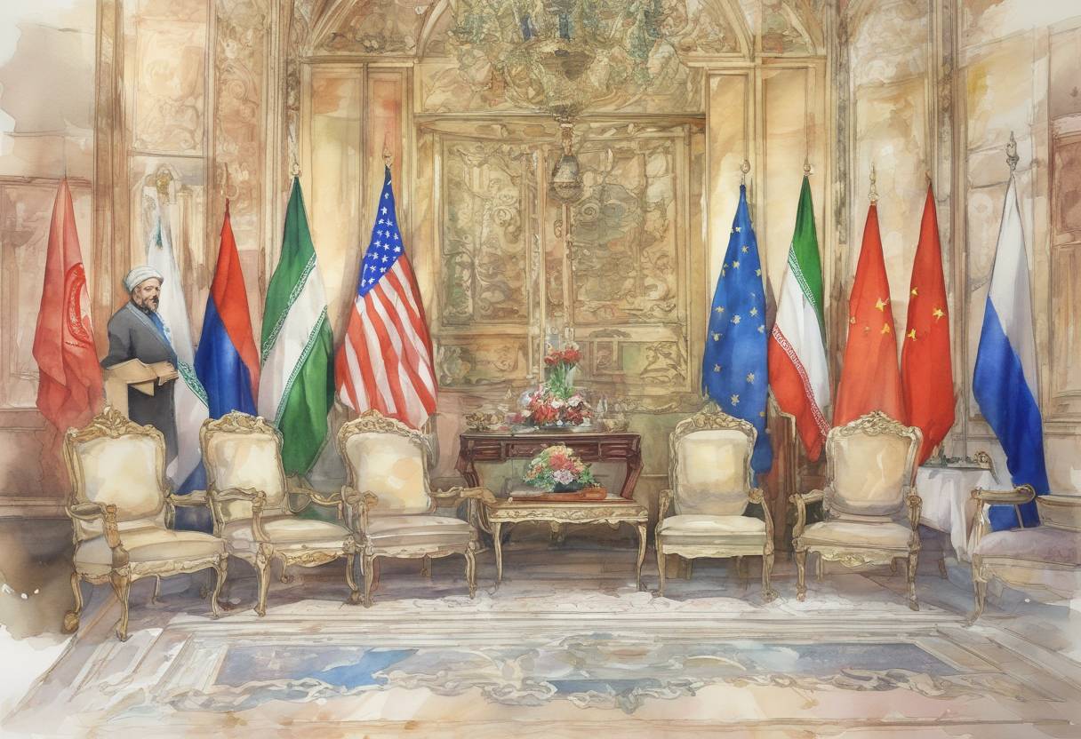 Watercolor painting based depiction of Iran and the P5+1 countries (China, France, Russia, the United Kingdom, the United States, plus Germany) reached a historic agreement on Iran's nuclear program, known as the Joint Comprehensive Plan of Action (JCPOA). (2015)