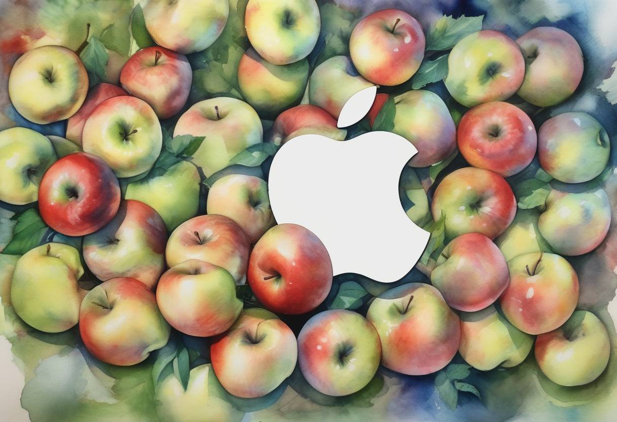 Watercolor painting based depiction of Apple Inc. became the first publicly traded U.S. company to reach a $1 trillion market capitalization. (2018)