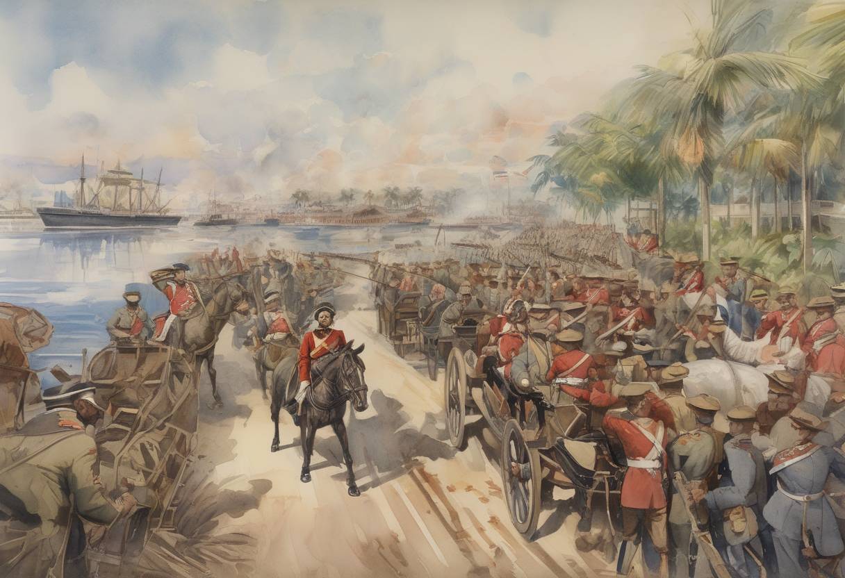 Watercolor painting based depiction of The Spanish-American War effectively ends with the fall of Manila to American forces, although the formal peace treaty is signed later. (1898)