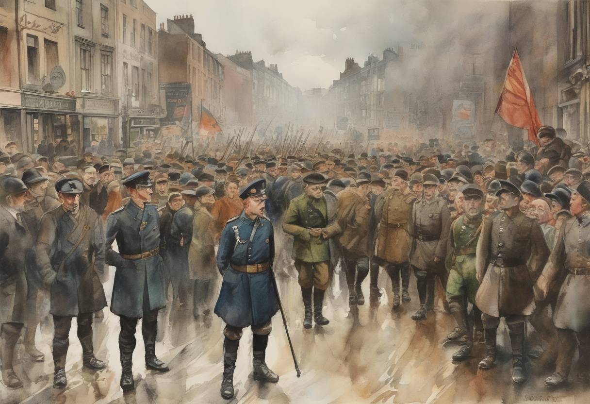 Watercolor painting based depiction of The Irish Civil War began, a conflict between supporters of the Anglo-Irish Treaty and its opponents, which lasted until 1923. (1922)
