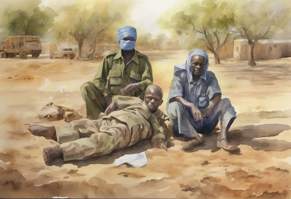 Watercolor painting based depiction of The International Criminal Court issued its first arrest warrants for war crimes in Darfur, Sudan, against a Sudanese government minister and a militia leader. (2007)