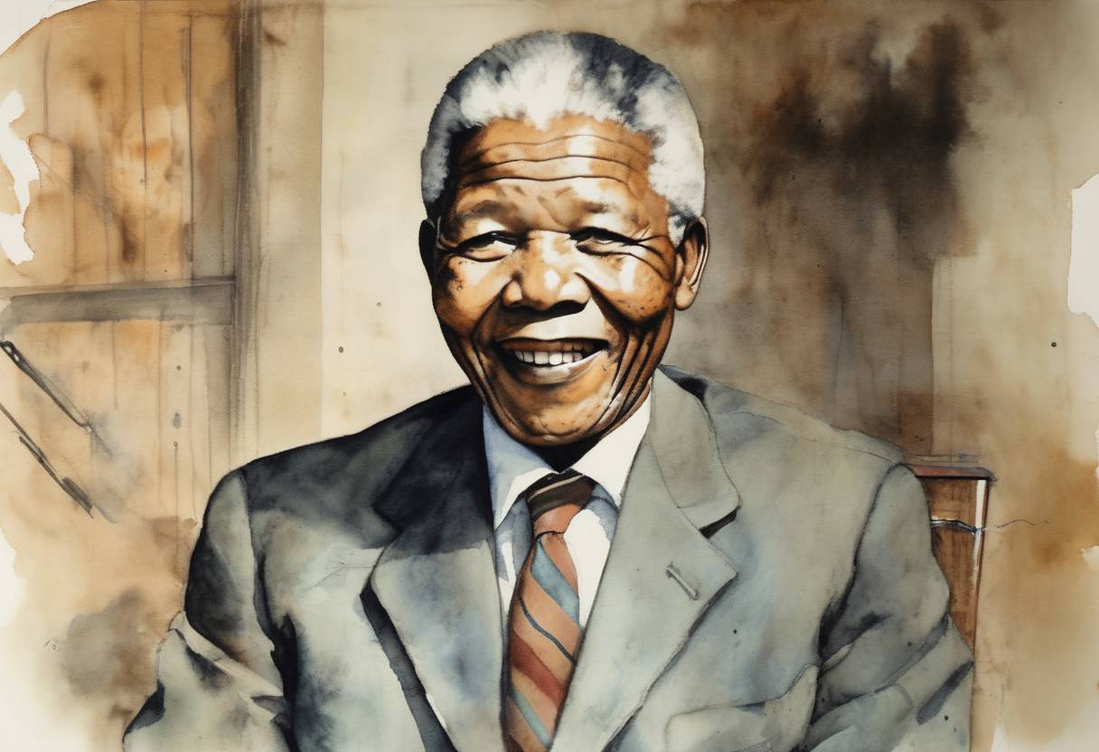 Watercolor painting based depiction of Nelson Mandela was sentenced to life imprisonment for sabotage against the apartheid government of South Africa. (1964)