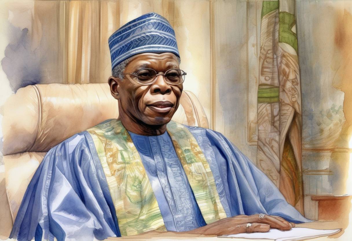 Watercolor painting based depiction of Olusegun Obasanjo was sworn in as President of Nigeria, marking the end of military rule and the beginning of the Fourth Nigerian Republic. (1999)