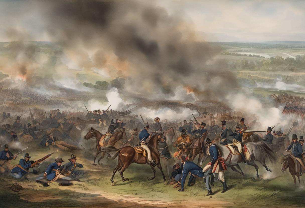 Watercolor painting based depiction of The Battle of Nashville in the American Civil War ends as the Union defeat the Confederate Army under Lieutenant General John Bell Hood. (1864)