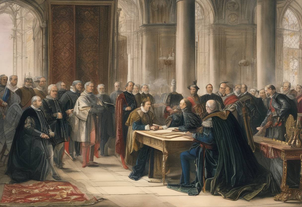 Watercolor painting based depiction of The Treaty of Saint-Germain-en-Laye was signed, ending the War of the League of Cambrai and restoring peace between France and Venice. (1514)