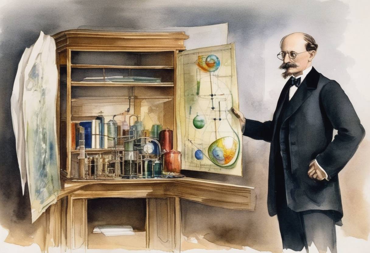 Watercolor painting based depiction of Max Planck, a German physicist, presents his groundbreaking paper on Planck's Law of Black Body Radiation, which leads to the development of quantum theory. (1900)